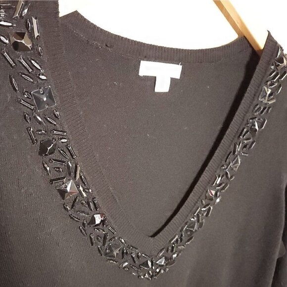 New York & Company Black V Neck Sweater Beaded Neckline XL - Picture 3 of 6